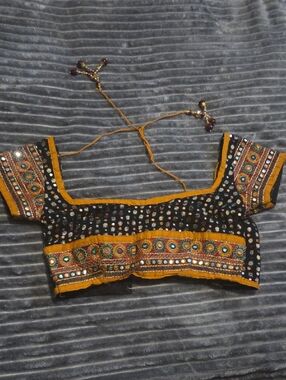 Black Embellished Mirrorwork Blouse with Mustard Trim